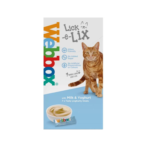 Webbox Lick-e-Lix cat treat packaging with a cat on a white background