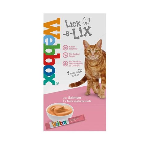 Webbox Lick-e-Lix cat treat packaging with a cat on a white background