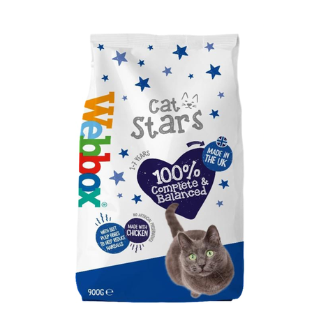 Cat food package with 'Cat Stars Webbox' branding on a white background