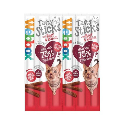 Pack of MeWbox Tasty Sticks for cats with beef and rabbit on a white background