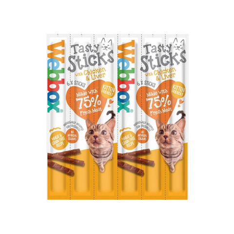 Two packages of Tasty Sticks with Chicken & Liver for cats on a white background