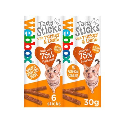 Packaging of Webbox Tasty Sticks with Turkey & Lamb for cats on a white background