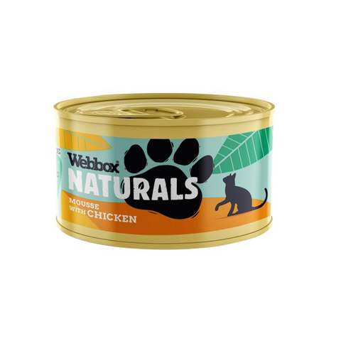 Can of Webbox Naturals cat food with a colorful label on a white background