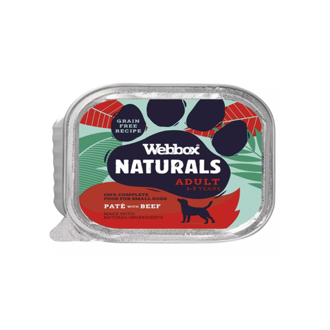 Webbox Naturals dog food container on a white background