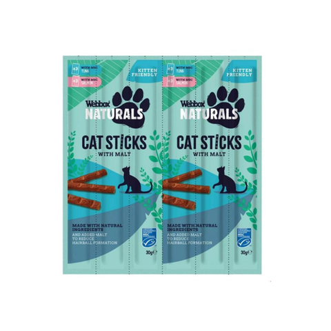 Two packages of Webbox Naturals Cat Sticks with Malt on a white background
