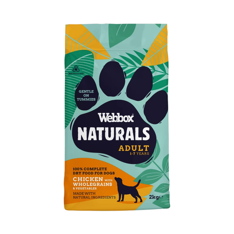 Webbox Naturals Adult dog food package with leaf design on a white background