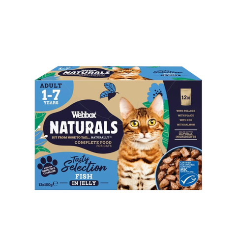 Webbox Naturals cat food packaging with a cat on the front on a white background