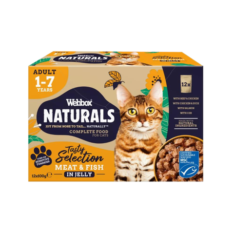 Box of Webbox Naturals cat food with a cat on the label