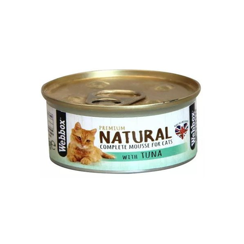 Canned cat food with a label showing a cat and text on a white background