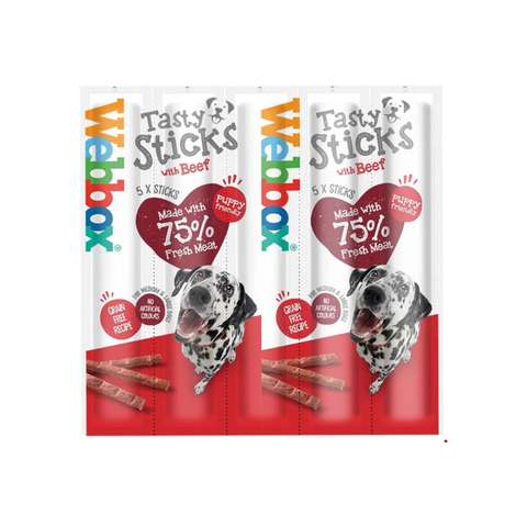Two packages of Webbox Tasty Sticks with Beef for puppies on a white background