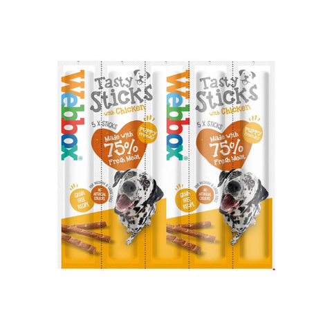 Packaging of Webbox Tasty Sticks with Chicken for dogs on a white background