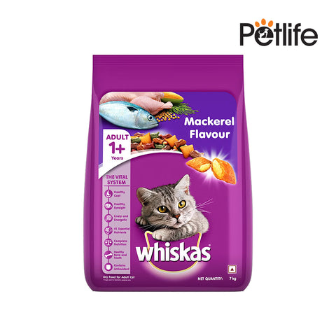 Purple package of Whiskas Mackerel Flavour cat food with a cat on the label