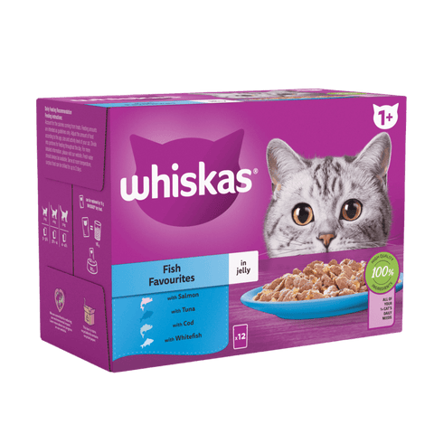 Whiskas cat food packaging with a purple background and a cat on it.