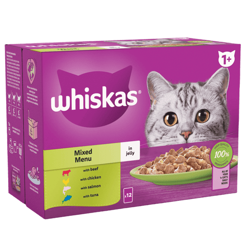 Whiskas cat food packaging with a purple background and a cat on it.