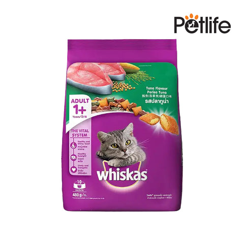 Purple bag of Whiskas cat food with a cat on the label, featuring Petlife branding.