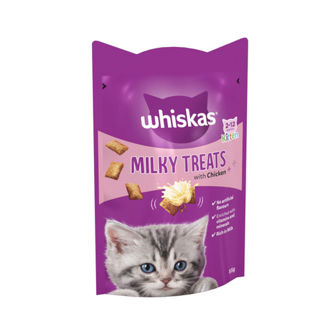 Purple package of Whiskas Milky Treats with chicken for kittens on a white background