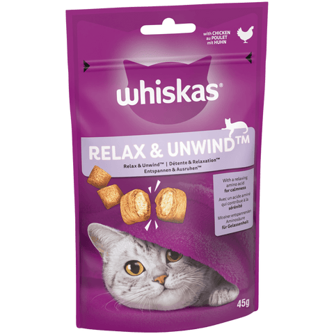 Whiskas Relax & Unwind cat treat package on a white background
