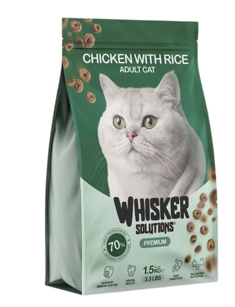 Cat food package with a white cat on a green background
