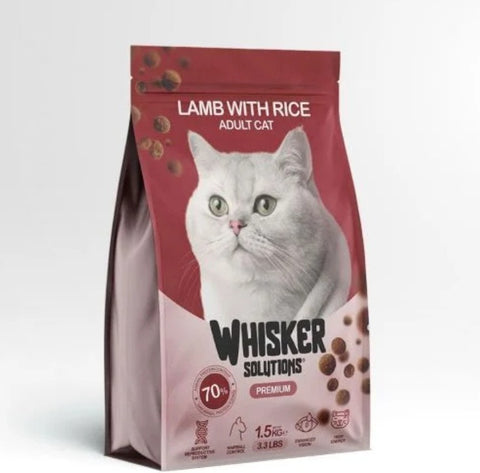 Cat food package with a white cat on the label, featuring 'Whisker Solutions' brand.