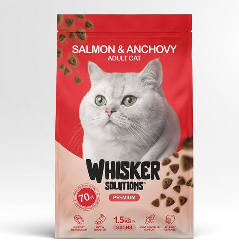 Cat food package with a white cat on a red background, featuring 'Whisker Solutions' brand.