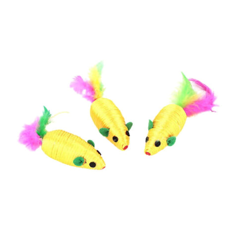 Three colorful cat toys shaped like yellow mice with pink and green tails on a white background.