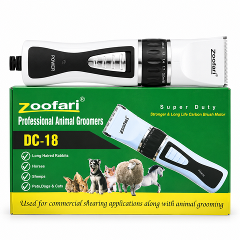  – White & Black Electric Pet Hair Trimmer with Adjustable Cutting Length and Heavy-Duty Carbon Brush Motor. Suitable for grooming dogs, cats, sheep, horses, and long-haired rabbits, ideal for home and professional grooming use.