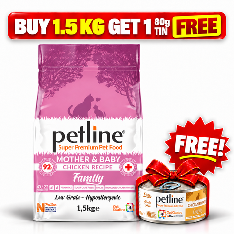 Buy 1.5kg Petline Mother & Baby Food Chicken Selection & Get 1  Petline Adult Cat Wet Food Chicken Tin 80g Free