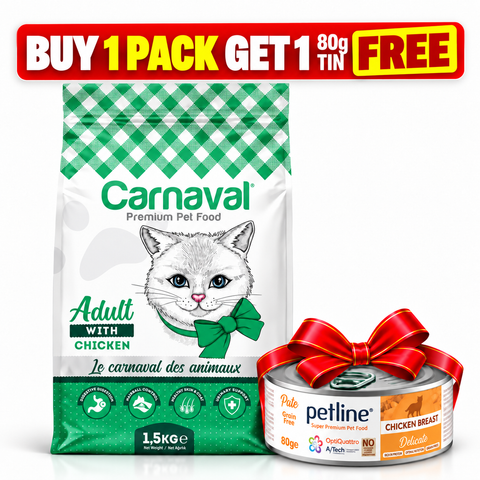 Buy 1.5kg Carnaval Adult Cat Food Gourmet with Chicken & Get 1 Petline Adult Cat Wet Food Chicken Tin 80g Free