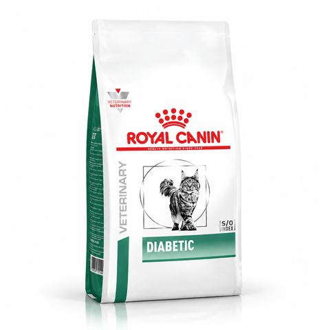 Royal Canin Veterinary Diabetic dry cat food bag on white background