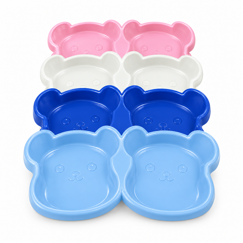 Cute Bear Face Double Pet Feeding Bowl – Durable Plastic Cat and Dog Food and Water Dish, Available in Pink, White, Royal Blue, and Light Blue. Pure White Background.