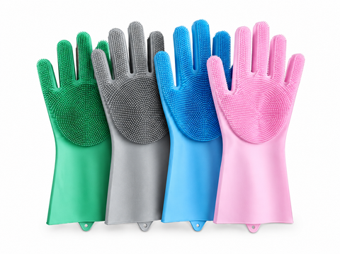 Full-Hand Silicone Pet Grooming and Bathing Gloves – Reusable Deshedding, Massage, and Cleaning Gloves for Cats and Dogs, Soft Silicone Bristles, Long Cuffs, Available in Green, Grey, Blue, and Pink, White Background.