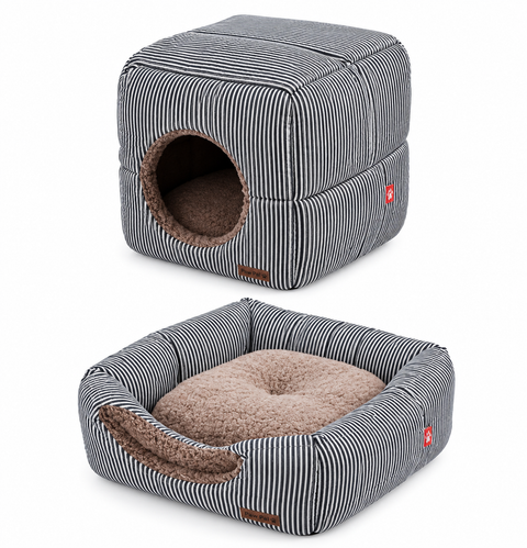 Black & White Striped Cat Bed House – Cozy Plush Pet Bed with Removable-Style Cushion, 15 × 15 × 15 Inches