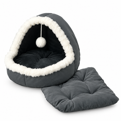 Dark Gray Cat Cave Bed with White Faux Fur Trim, Hanging Pom-Pom Toy & Matching Quilted Cushion