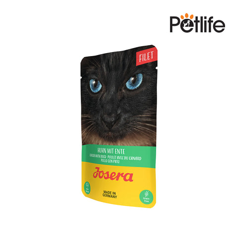 Cat food package with a black cat's face on the label, featuring the Josera brand and Petlife logo.