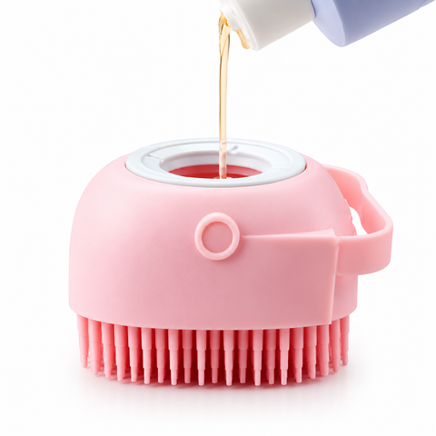 silicone scrubber with body wash being poured onto it against a pink background